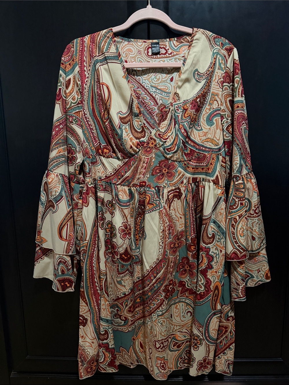 SHEIN Cream Paisley Long Sleeve V-Neck Dress with Rust and Teal Accents